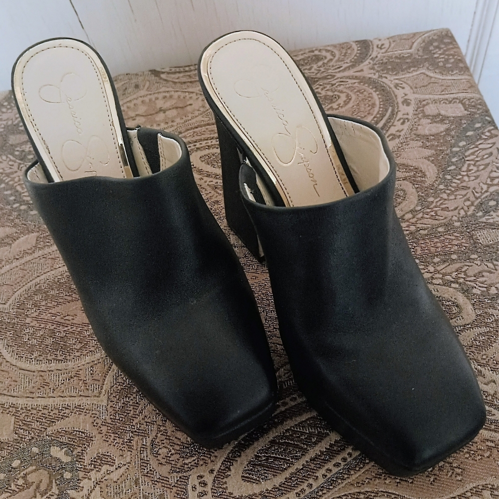 Jessica Simpson Denima Black Leather Platform Slip-On Mules Women's Size 7M - Picture 12 of 12